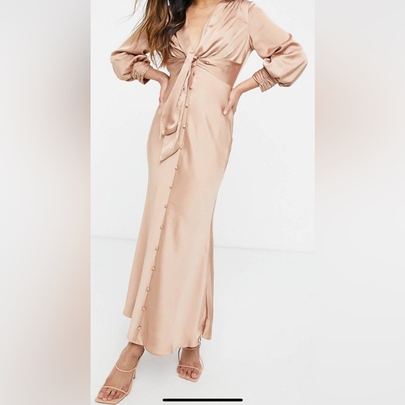 ASOS Satin, tie front midi dress w/ button detail in bronze  US 10 Never worn. - Picture 2 of 2